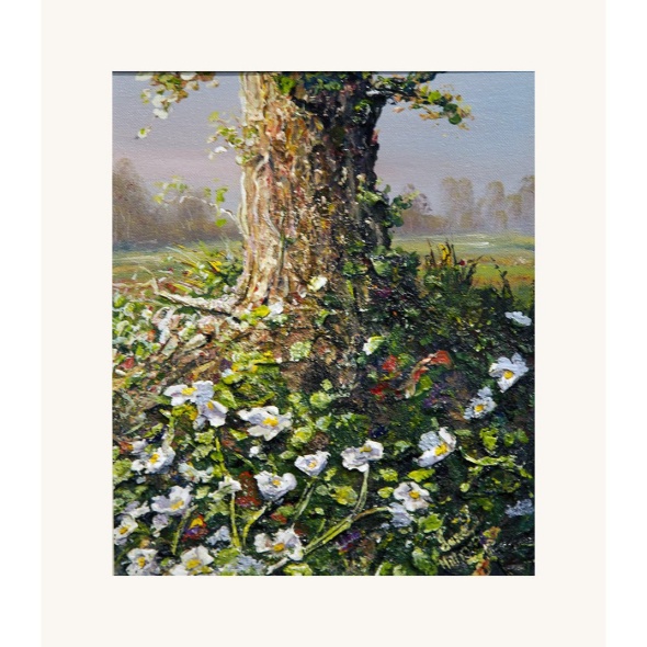 Atthefootofthetree 420SOLD Framedsize49x53cm Wildforestflowerssurroundthebaseofatreetrunk.